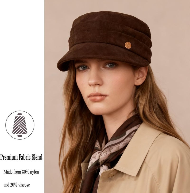 huablo Women's Suede Flat Top Newsboy Cap - Soft Brim & Hook - and - Loop Adjustment - Fall Winter Cabbie Paperboy Hats - Image 2